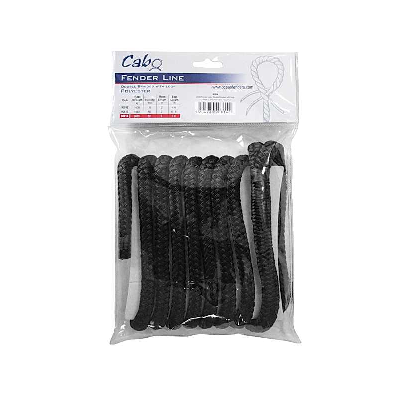 CABO Fender Line, Double Braided, w/ loop, Diam. 12mm, L 3m, Polyester, Black